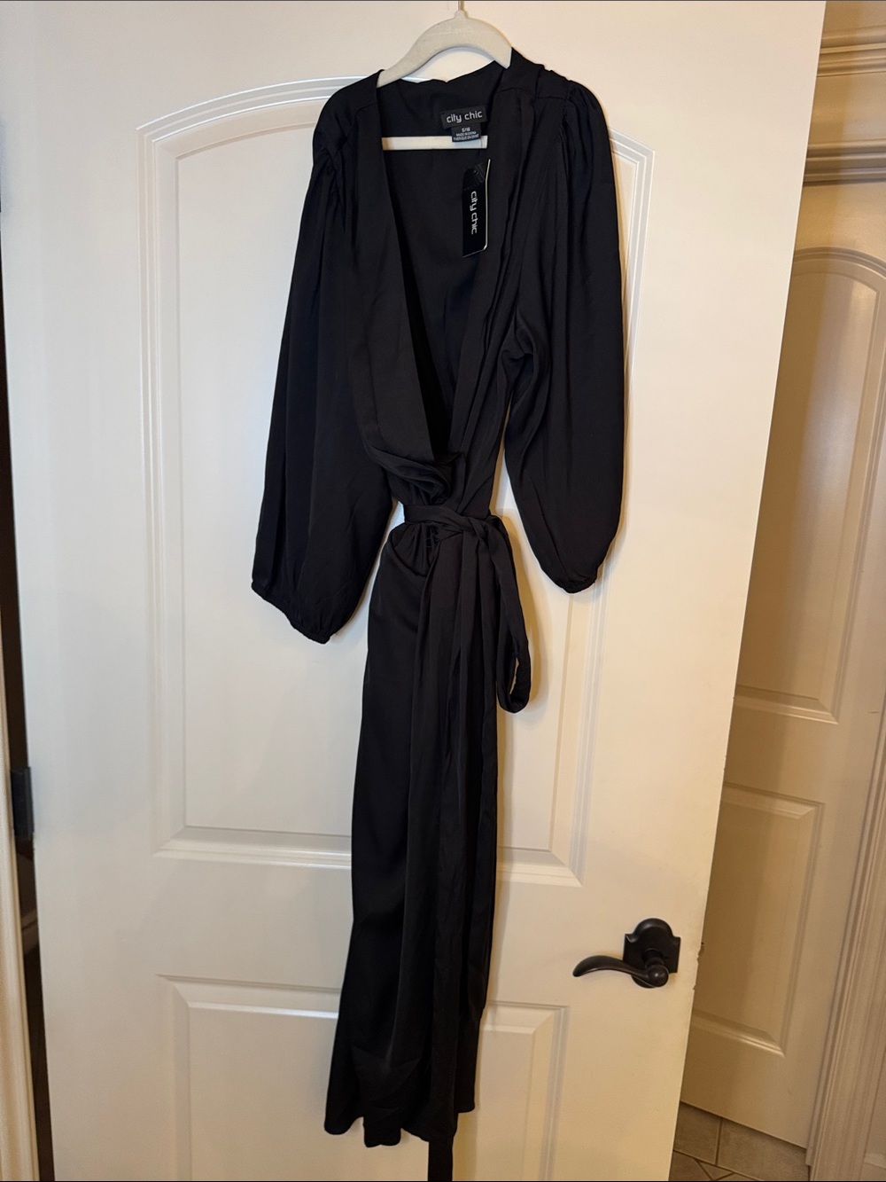 City Chic Black Long Wrap Dress with Tie Waist